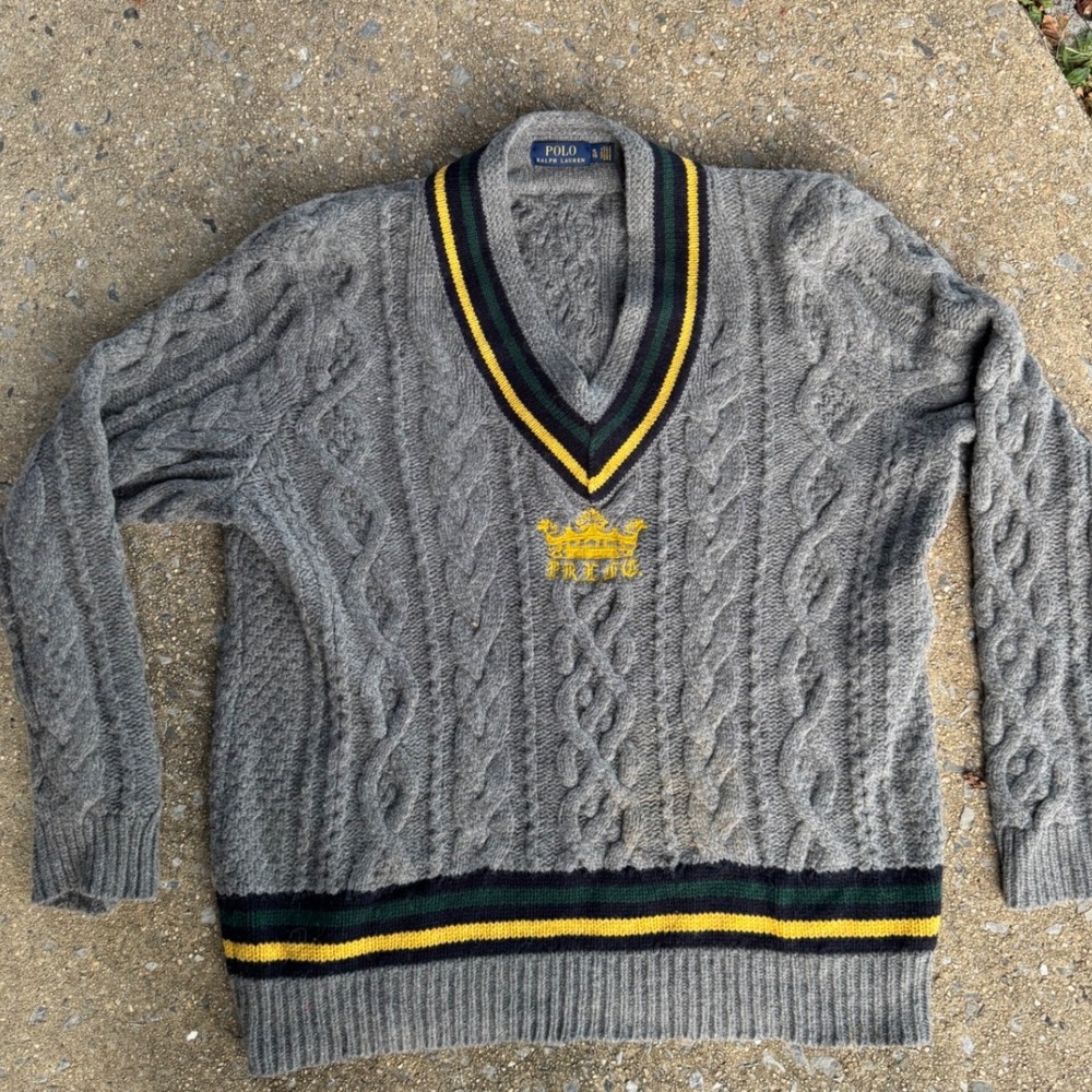 Polo Ralph Lauren Cricket Sweater Gray Wool Alpaca Cable Knit Crown Crest XL